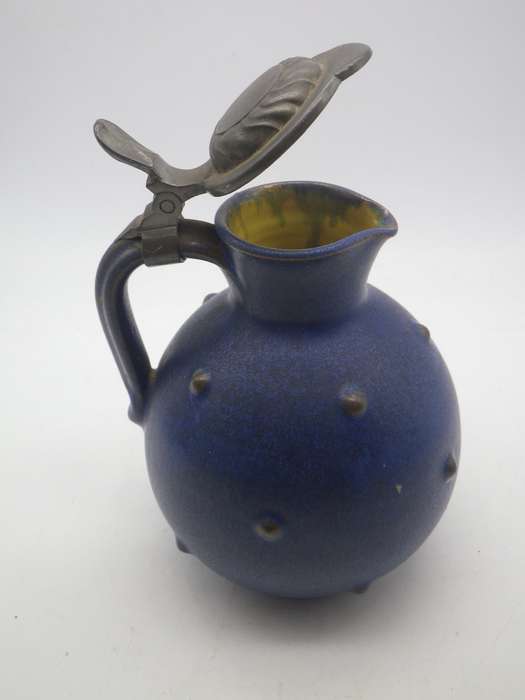 ANTON LANG Studio Pottery Jug Art Nouveau c1920s with pewter lid  12.5cm Rare