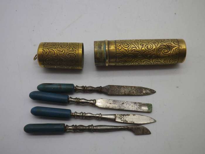 Unusual Vintage brass cased miniature Manicure Set to attach to Chatelaine
