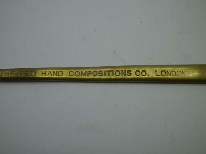 Rare Vintage  Brass & Copper Hand letter opener. The Red Hand Compositions Co, London