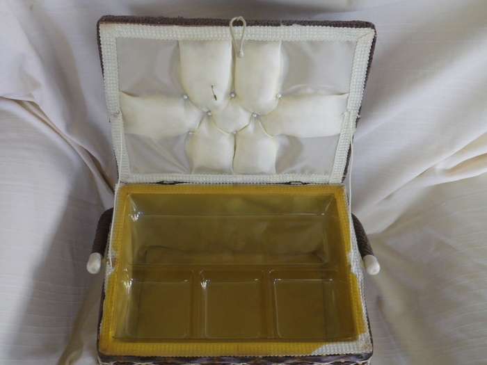 Fabulous Vintage SEWING Box. Woven Plastic with Tapestry material top. Carry Handle
