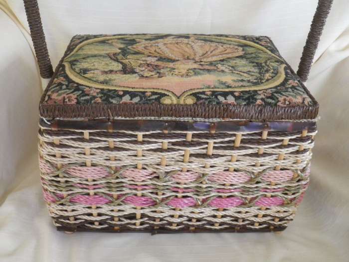 Fabulous Vintage SEWING Box. Woven Plastic with Tapestry material top. Carry Handle