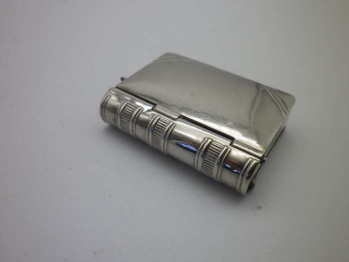 Edwardian silver plate or silver metal book shape chatelaine vesta & stamp case C.E B & Co 387671