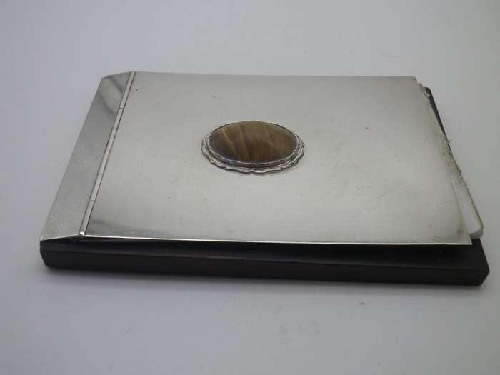 SILVER Note Pad holder. 800 purity Continental silver, likely Italian. Pretty brown stone inset.