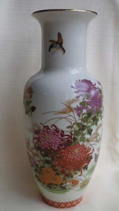 WOW! LARGE HAND-PAINTED JAPANESE SHITABA VASE WITH FLOWERS & BIRD. PERFECT!