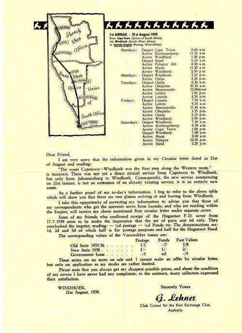 1939 1ST AIRMAIL CAPE TOWN VIA WINDHOEK TO LOANDA ANGOLA DESTINED FOR SYDNEY AUSTRALIA UNOPENED