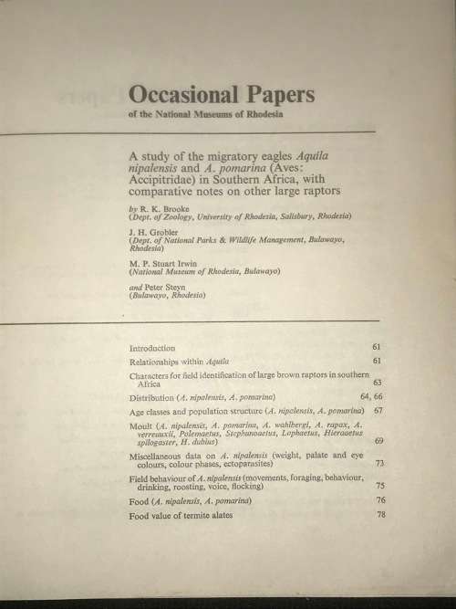 OCCASIONAL PAPERS OF THE NATIONAL MUSEUMS OF RHODESIA A STUDY OF THE MIGRATORY EAGLES DEC 1972