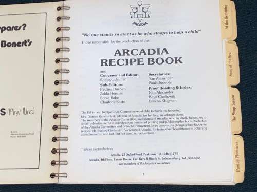 ARCADIA RECIPE BOOK - ARCADIA S.A. JEWISH CHILDREN`S HOME