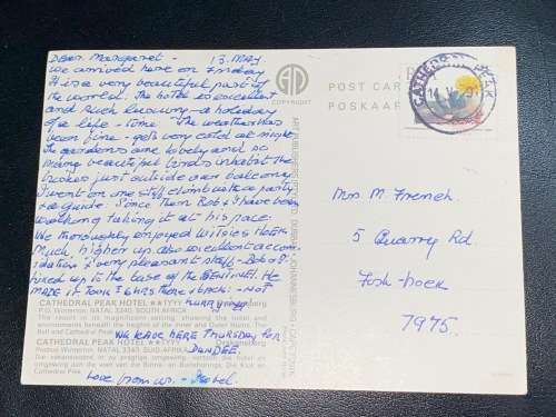 CATHEDRAL PEAK HOTEL WINTERTON NATAL POSTCARD TO FISHHOEK 1991