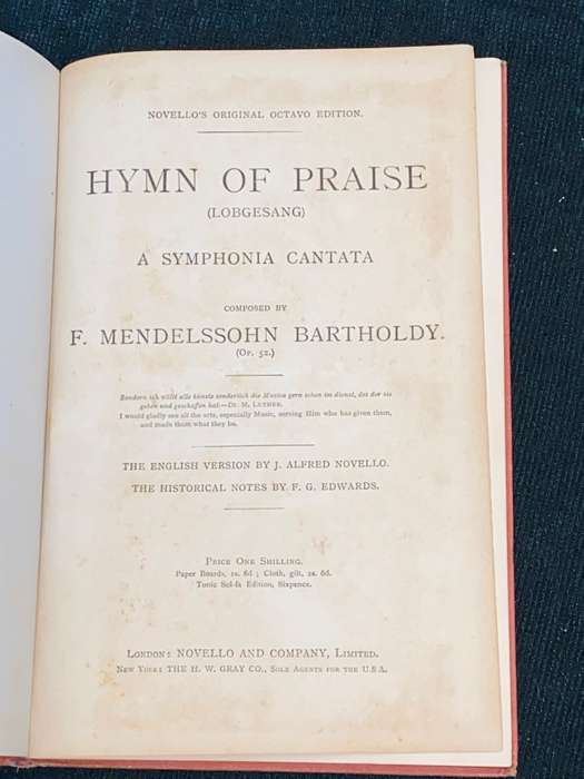 HYMN OF PRAISE LOBGESANG A SYMPHONIA CANTATA COMPOSED BY F. MENDELSSOHN BARTHOLDY