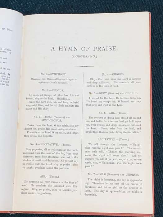 HYMN OF PRAISE LOBGESANG A SYMPHONIA CANTATA COMPOSED BY F. MENDELSSOHN BARTHOLDY