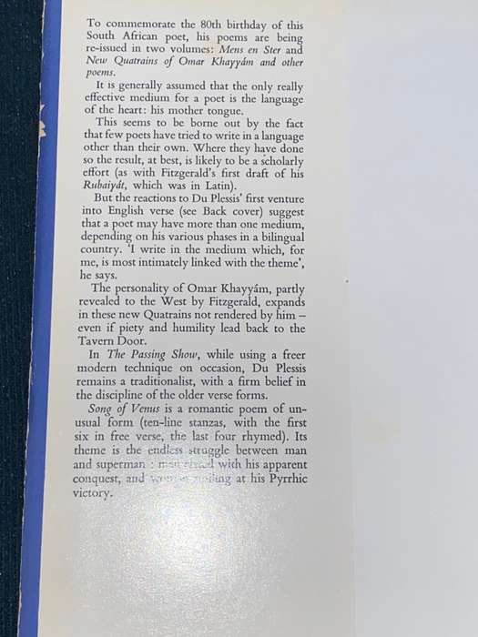 NEW QUATRAINS OF OMAR KHAYYAM AND OTHER POEMS BY I.D. DU PLESSIS SIGNED