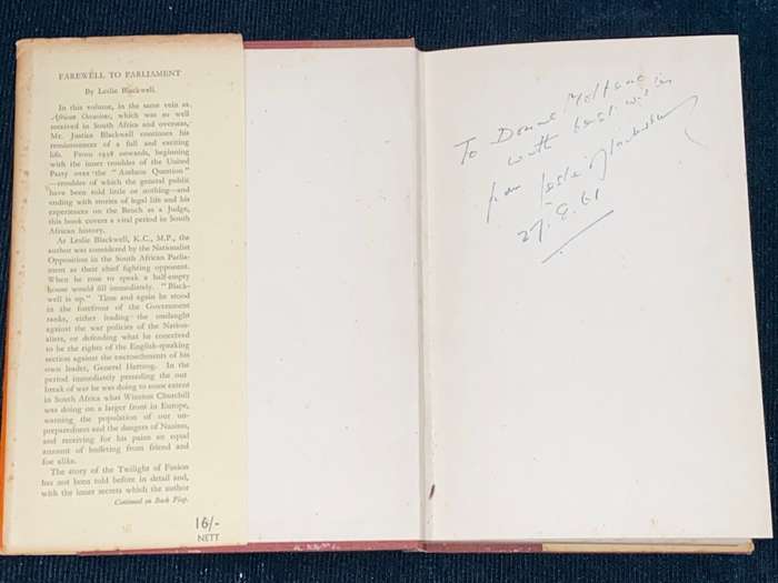 FAREWELL TO PARLIAMENT BY LESLIE BLACKWELL SIGNED