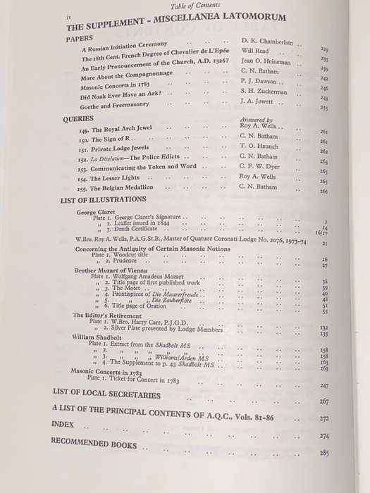 ARS QUATUOR CORONATORUM TRANSACTIONS OF QUATUOR CORONATI LODGE MASONIC NOTES VOL 87 OF 1974