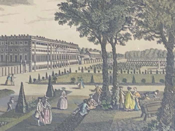 ORIGINAL PRINT OF PERSPECTIVE VIEW OF THE ROYAL PALACE AND GARDENS AT HAMPTON COURT 1775