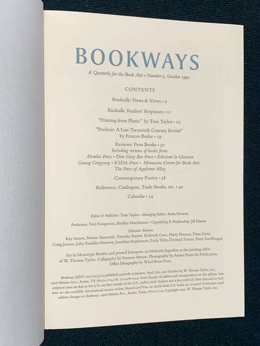 BOOKWAYS A QUARTERLY JOURNAL OF THE BOOK ARTS NO.5 OCT 1992