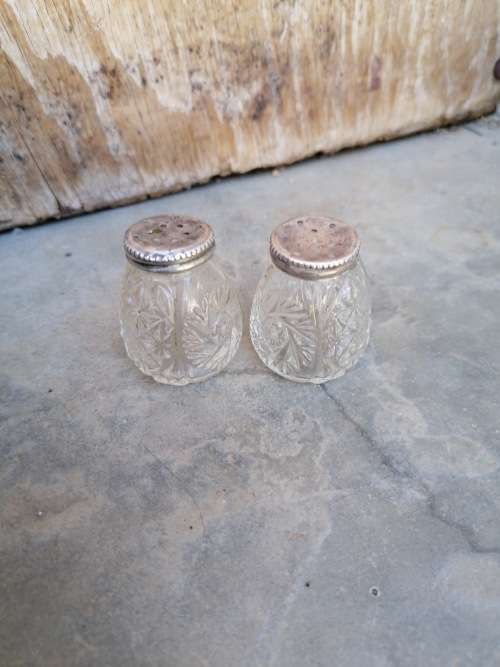Vintage cut glass with silver lid salt and pepper holder