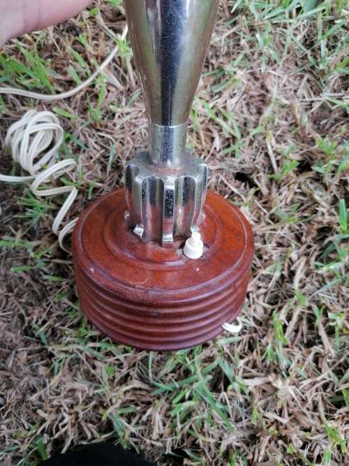 WW Trench art Mortar Shell Desk lamp on hand turned teak bases +-42cm tall x 12.5cm wide