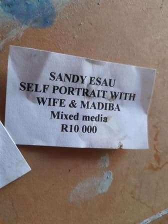 Large Sandy Esau `self portrait with wife and mandela` 895 x 800mm VALUE R10000