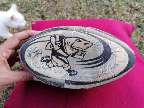 A VERY SCARCE MEDIUM RUGBY BALL WITH 17 SHARKS SIGNATURES -MAY BE SOME RARE !