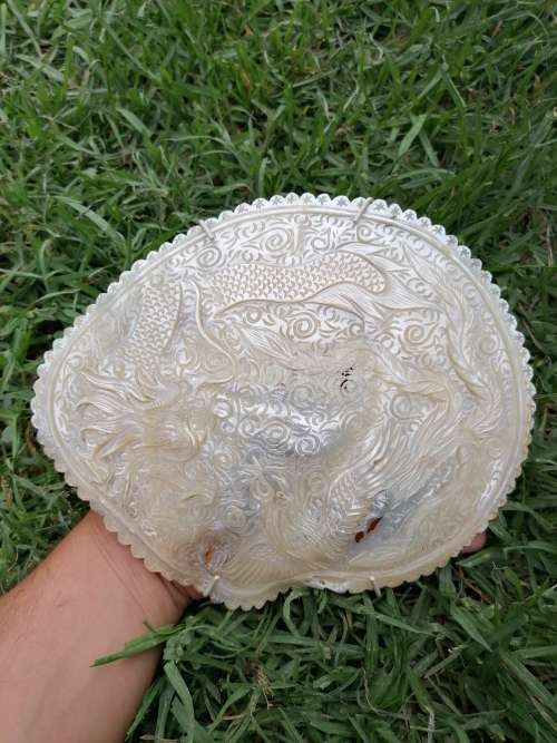 Antique Mother of Pearl Carving of Dragon and Phoenix