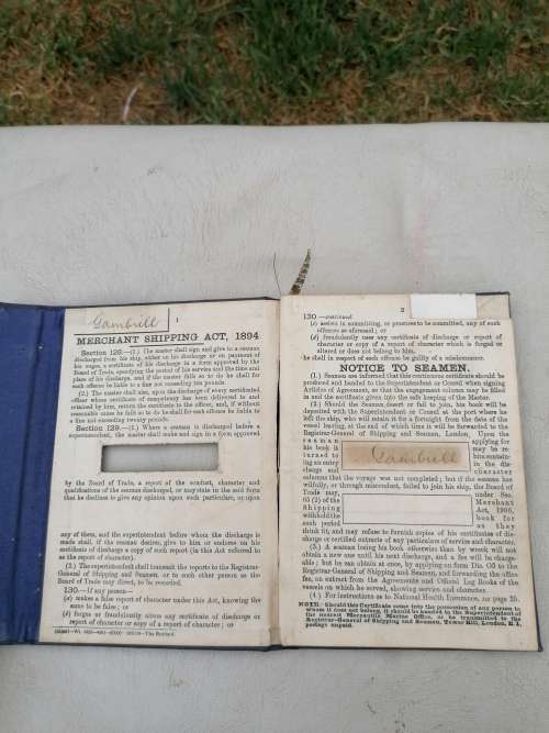 Continuous Certificate of Discharge no 1098917 issued by the board trade for fred gambille