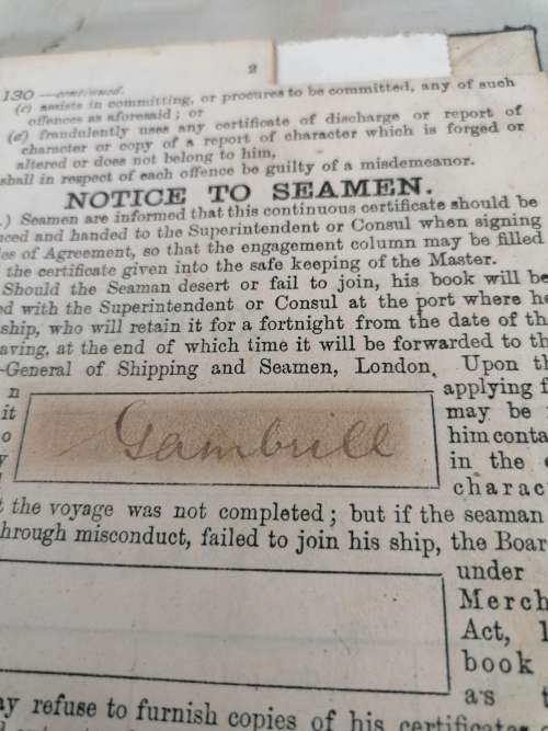 Continuous Certificate of Discharge no 1098917 issued by the board trade for fred gambille