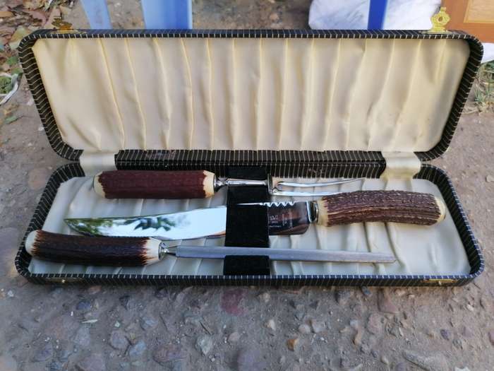 Vintage Cased Trustwell Brothers Stag Horn handle Carving Set in excellent condition