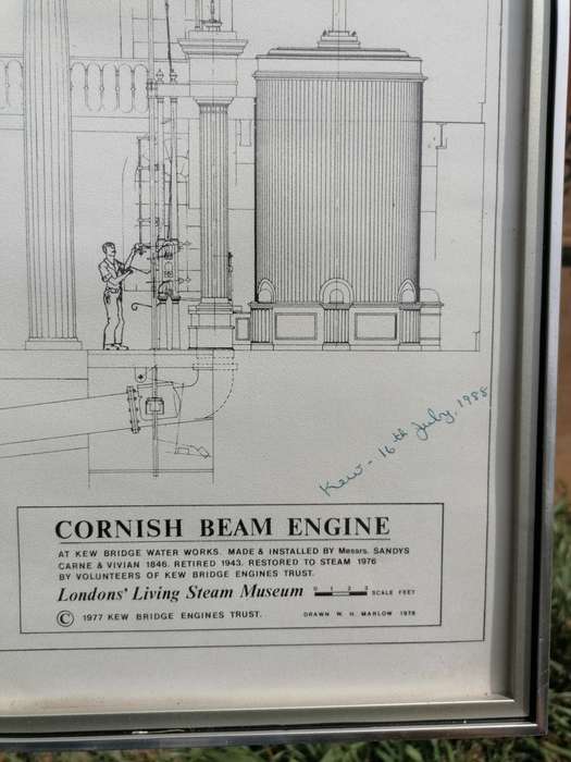 vintage Cornish beam engine print. London`s living steam museum