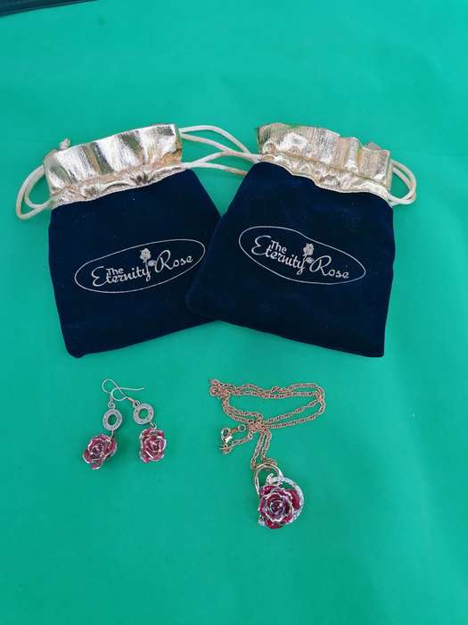 Red Rose Glazed & Trimmed with 24K Gold with its matching earrings and pendant with authentication