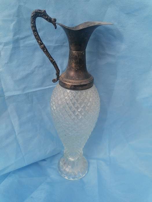 Vintage Crystal Diamond Cut Gilded Snake Handle Pitcher