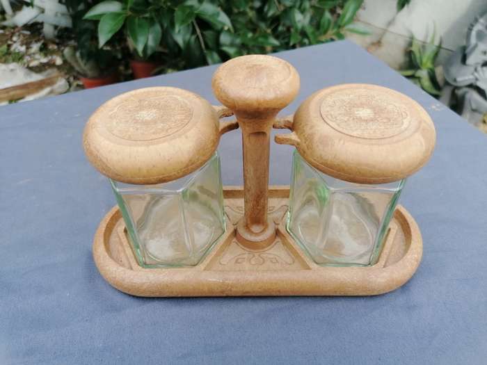 Cute jar set with wooden lids and stand