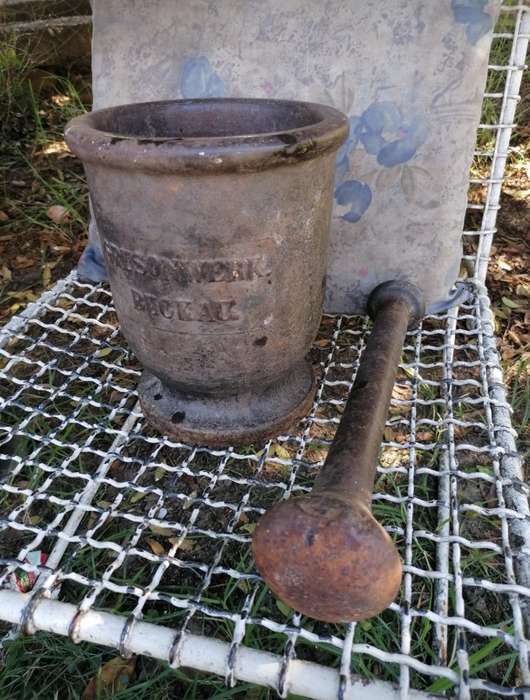 Large and heavy grusonwerk mortar and pestle