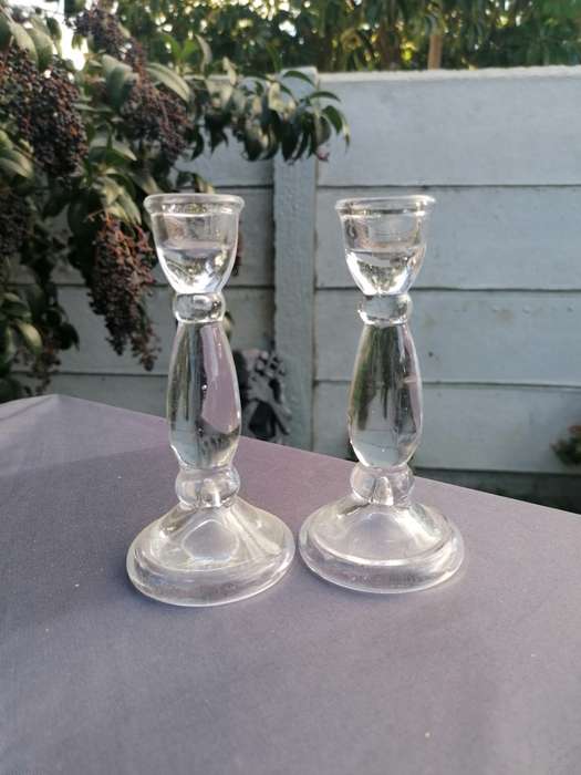 Lovely pair of small glass candle holders 13.5cm