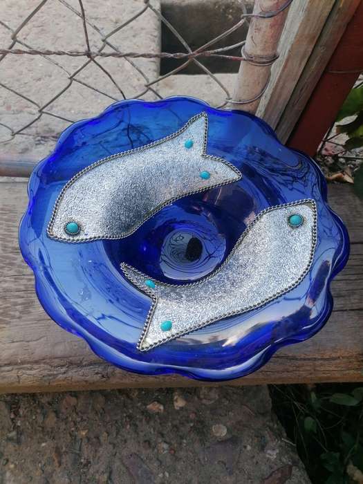 Cobalt Blue Art Glass Bowl with Applied Silver and Turquoise Decoration
