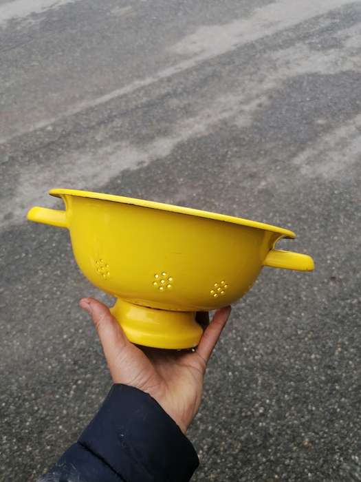 Vintage Kitchen Colander Yellow Enamelware