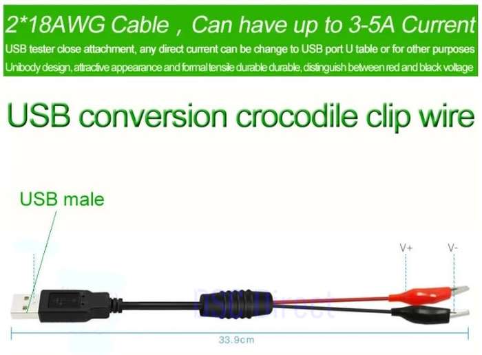 DIY USB Aligator Clips Crocodile Wire Male/Female to USB Line Detector DC Voltage Capacity Tester!!
