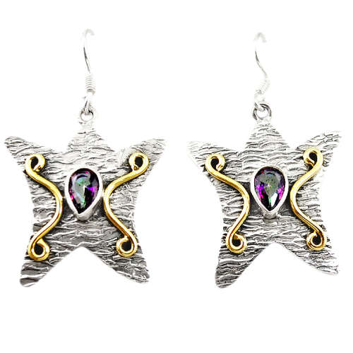 Beautiful Natural Mystic Topaz Dangling Earrings In Solid .925 Sterling Silver.