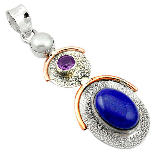 NATURAL LAPIS LAZULI, PEARL AND AMETHYST  PENDANT IN SOLID STERLING SILVER!!!