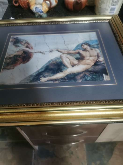 FRAMED MICHELANGELO PRINT CREATION OF ADAM WITH GLASS