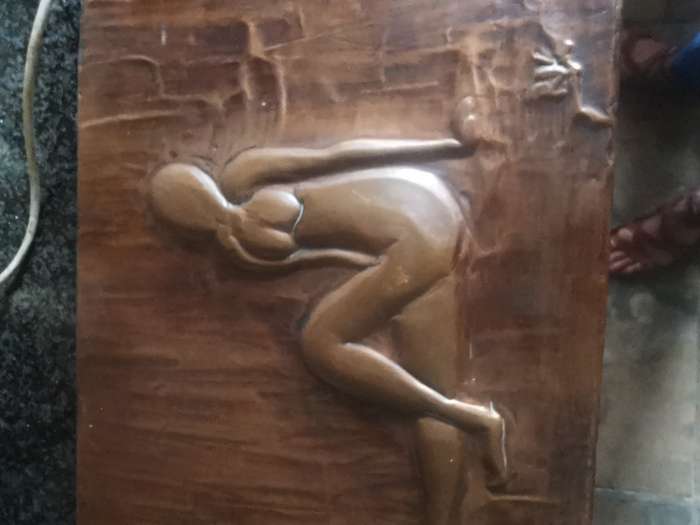 NUDE LADY COPPER WALL PLAQUE ON WOOD