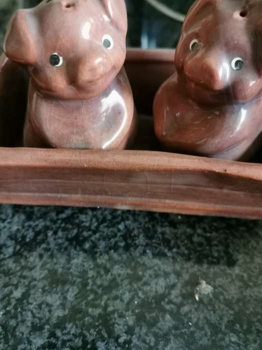 Vintage pig salt and pepper shakers in tray