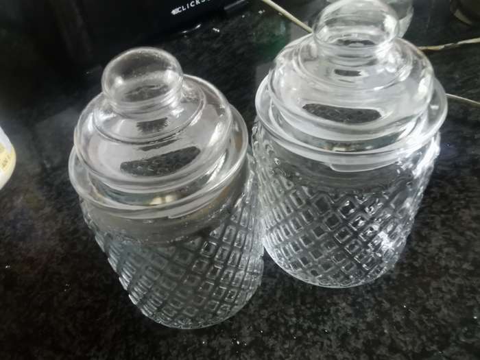 2 VINTAGE GLASS HOLDERS WITH LIDS