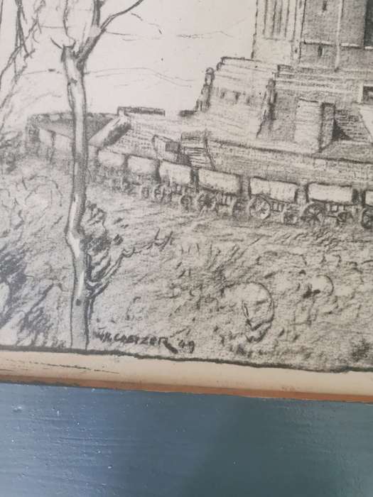 VINTAGE PENCIL SCKETCH VROUEMONUMENT SIGNED Coetzer 1949