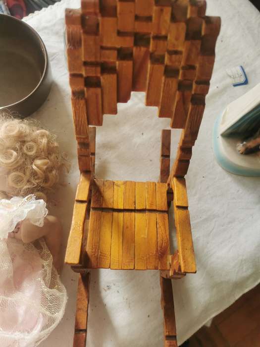 VINTAGE SMALL PORCELAIN DOLL ON ANTIQUE CHAIR