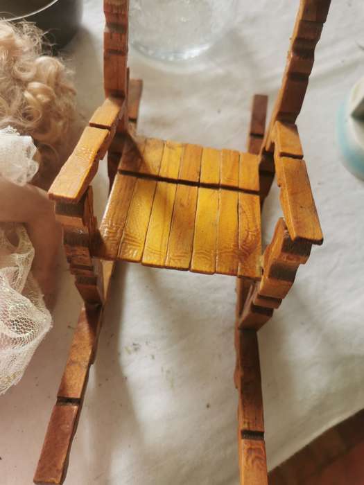 VINTAGE SMALL PORCELAIN DOLL ON ANTIQUE CHAIR