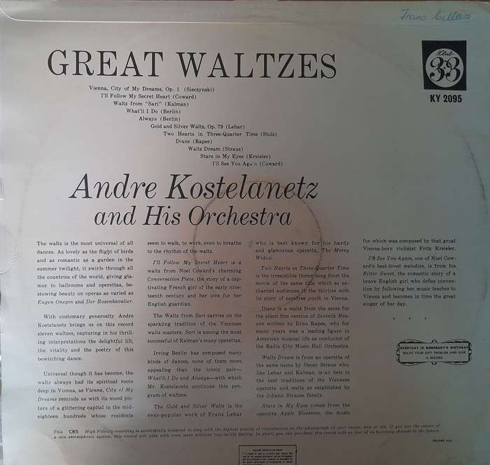 Vinyl: Andre kostelanetz and his Orchestra - Great Waltzes