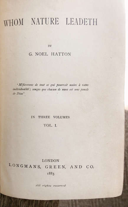 1883 WHOM NATURE LEADETH BY G NOEL HATTON FIRST EDITION IN 3 VOLUMES