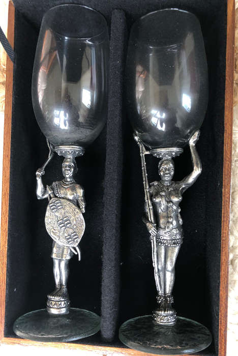 AFRICAN LARGE METAL AND GLASS FIGURE GOBLETS PAIR PRESENTATION BOX
