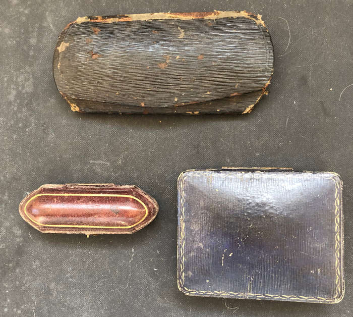 JEWELRY BOXES TWO AND SPECTACLE CASE ANTIQUE