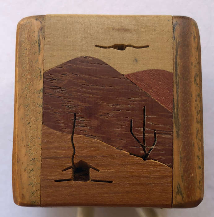 JEWELLRY RING OR EARRING WOODEN INLAID BOX BOTTOM LINED WIH LLAMA FABRIC HAND MADE AND SIGNED SIWOK